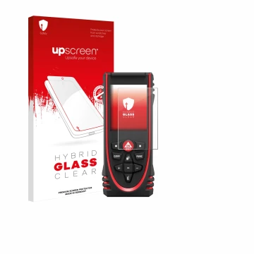 Parte frontal de un envase de producto con el logotipo de la marca upscreen. Al lado se muestra el dispositivo Leica DISTO X3 
