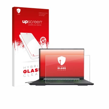 Parte frontal de un envase de producto con el logotipo de la marca upscreen. Al lado se muestra el dispositivo Gigabyte AERO X