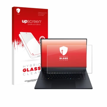 Parte frontal de un envase de producto con el logotipo de la marca upscreen. Al lado se muestra el dispositivo Razer Blade 16 