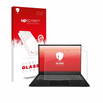 Parte frontal de un envase de producto con el logotipo de la marca upscreen. Al lado se muestra el dispositivo MSI Summit A16 