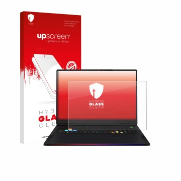 Parte frontal de un envase de producto con el logotipo de la marca upscreen. Al lado se muestra el dispositivo MSI Raider A18 