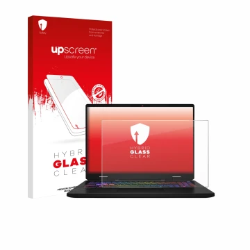 Parte frontal de un envase de producto con el logotipo de la marca upscreen. Al lado se muestra el dispositivo MSI Vector 16 H