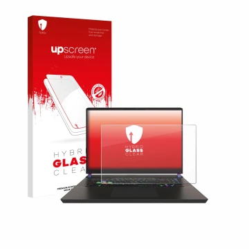 Parte frontal de un envase de producto con el logotipo de la marca upscreen. Al lado se muestra el dispositivo MSI Vector 17 H