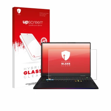 Parte frontal de un envase de producto con el logotipo de la marca upscreen. Al lado se muestra el dispositivo MSI Raider 18 H