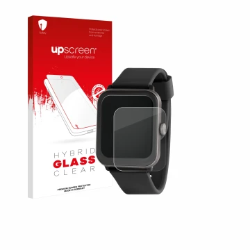 Parte frontal de un envase de producto con el logotipo de la marca upscreen. Al lado se muestra el dispositivo Sector Smartwat