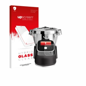 Parte frontal de un envase de producto con el logotipo de la marca upscreen. Al lado se muestra el dispositivo Moulinex i-Comp