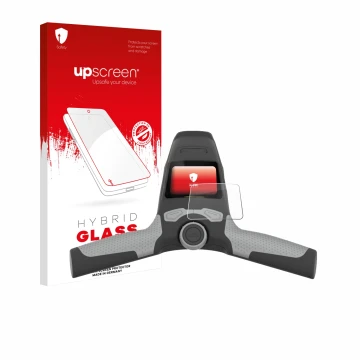 Parte frontal de un envase de producto con el logotipo de la marca upscreen. Al lado se muestra el dispositivo PowaKaddy FW5s 