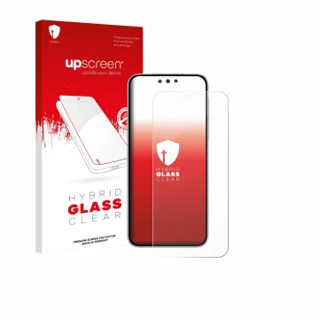 Parte frontal de un envase de producto con el logotipo de la marca upscreen. Al lado se muestra el dispositivo Huawei Mate 80 