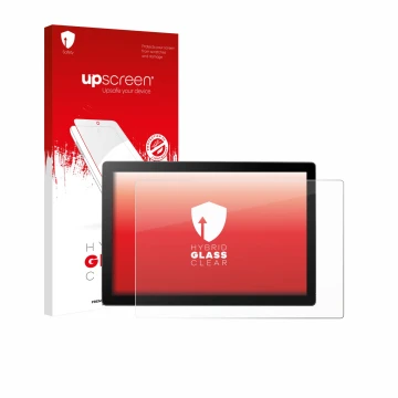 Parte frontal de un envase de producto con el logotipo de la marca upscreen. Al lado se muestra el dispositivo Wacom Cintiq 16