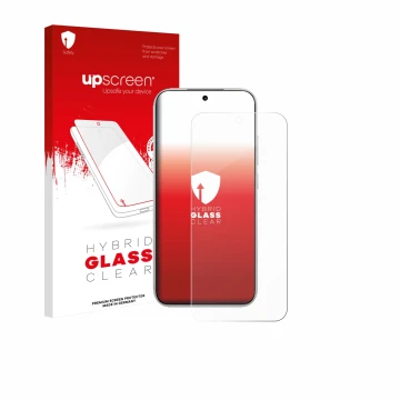 Parte frontal de un envase de producto con el logotipo de la marca upscreen. Al lado se muestra el dispositivo Xiaomi Poco F8 