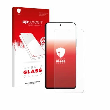 Parte frontal de un envase de producto con el logotipo de la marca upscreen. Al lado se muestra el dispositivo Xiaomi Poco M7 