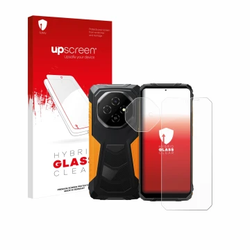 Parte frontal de un envase de producto con el logotipo de la marca upscreen. Al lado se muestra el dispositivo Blackview Fort 