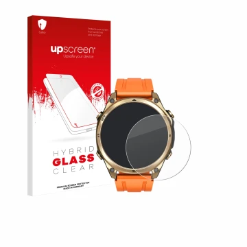Parte frontal de un envase de producto con el logotipo de la marca upscreen. Al lado se muestra el dispositivo Doogee Anywise 