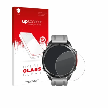 Parte frontal de un envase de producto con el logotipo de la marca upscreen. Al lado se muestra el dispositivo Doogee Anywise 