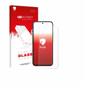Parte frontal de un envase de producto con el logotipo de la marca upscreen. Al lado se muestra el dispositivo Honor X6c con s