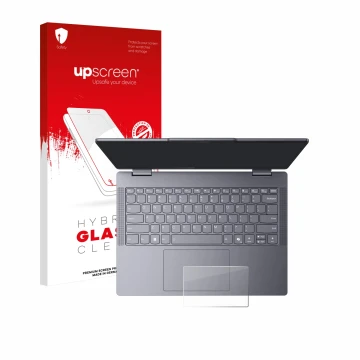 Parte frontal de un envase de producto con el logotipo de la marca upscreen. Al lado se muestra el dispositivo Lenovo IdeaPad 
