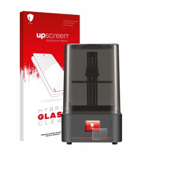 Parte frontal de un envase de producto con el logotipo de la marca upscreen. Al lado se muestra el dispositivo Anycubic Photon