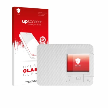 Parte frontal de un envase de producto con el logotipo de la marca upscreen. Al lado se muestra el dispositivo Canon Selphy CP
