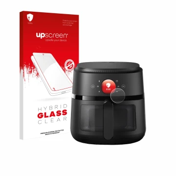 Parte frontal de un envase de producto con el logotipo de la marca upscreen. Al lado se muestra el dispositivo Philips Airfrye