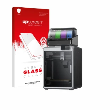 Parte frontal de un envase de producto con el logotipo de la marca upscreen. Al lado se muestra el dispositivo Creality K2 con
