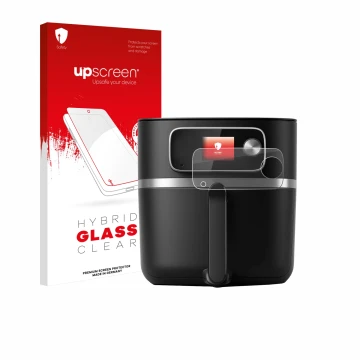 Parte frontal de un envase de producto con el logotipo de la marca upscreen. Al lado se muestra el dispositivo Philips Airfrye