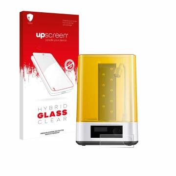 Parte frontal de un envase de producto con el logotipo de la marca upscreen. Al lado se muestra el dispositivo Anycubic Wash &