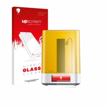 Parte frontal de un envase de producto con el logotipo de la marca upscreen. Al lado se muestra el dispositivo Anycubic Wash &