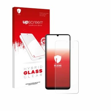 Parte frontal de un envase de producto con el logotipo de la marca upscreen. Al lado se muestra el dispositivo KXD 13C con su 