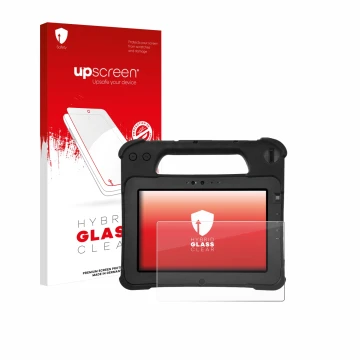 Parte frontal de un envase de producto con el logotipo de la marca upscreen. Al lado se muestra el dispositivo Zebra XPad L10a