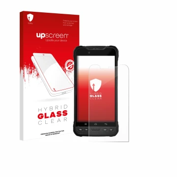 Parte frontal de un envase de producto con el logotipo de la marca upscreen. Al lado se muestra el dispositivo Zebra Xplore M6