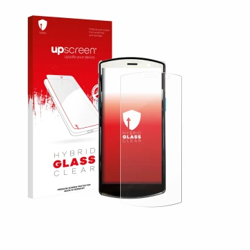 Parte frontal de un envase de producto con el logotipo de la marca upscreen. Al lado se muestra el dispositivo Unitech EA510 c