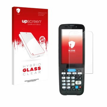 Parte frontal de un envase de producto con el logotipo de la marca upscreen. Al lado se muestra el dispositivo Unitech HT330 c