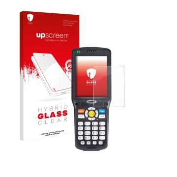 Parte frontal de un envase de producto con el logotipo de la marca upscreen. Al lado se muestra el dispositivo Unitech HT510 c