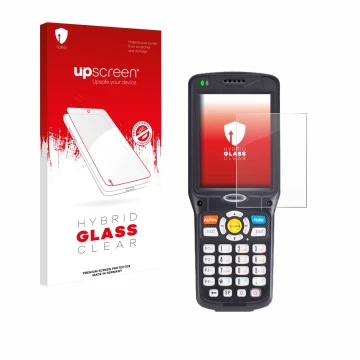 Parte frontal de un envase de producto con el logotipo de la marca upscreen. Al lado se muestra el dispositivo Unitech HT510A 