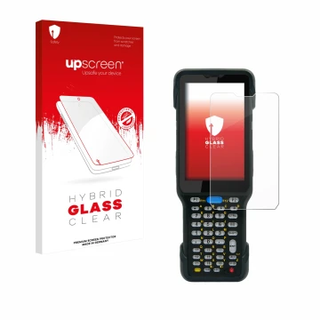 Parte frontal de un envase de producto con el logotipo de la marca upscreen. Al lado se muestra el dispositivo Unitech HT730 c