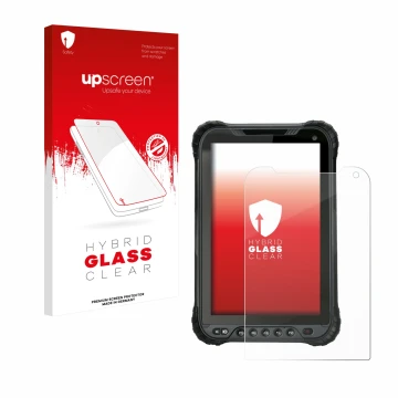 Parte frontal de un envase de producto con el logotipo de la marca upscreen. Al lado se muestra el dispositivo Unitech TB85 co