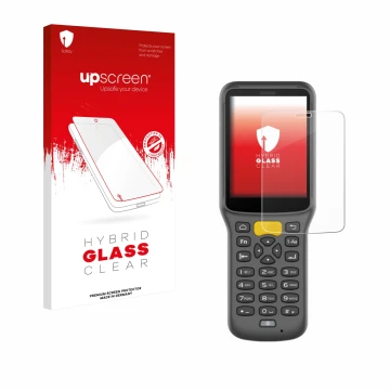 Parte frontal de un envase de producto con el logotipo de la marca upscreen. Al lado se muestra el dispositivo Newland MT37 Ba