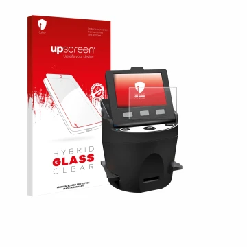 Parte frontal de un envase de producto con el logotipo de la marca upscreen. Al lado se muestra el dispositivo Kodak SCANZA co