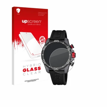 Parte frontal de un envase de producto con el logotipo de la marca upscreen. Al lado se muestra el dispositivo Lotus Connected