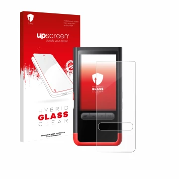 Parte frontal de un envase de producto con el logotipo de la marca upscreen. Al lado se muestra el dispositivo ThermoMaven P2 
