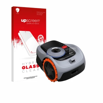 Parte frontal de un envase de producto con el logotipo de la marca upscreen. Al lado se muestra el dispositivo Navimow i105E+ 