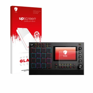 Parte frontal de un envase de producto con el logotipo de la marca upscreen. Al lado se muestra el dispositivo Akai MPC Live I