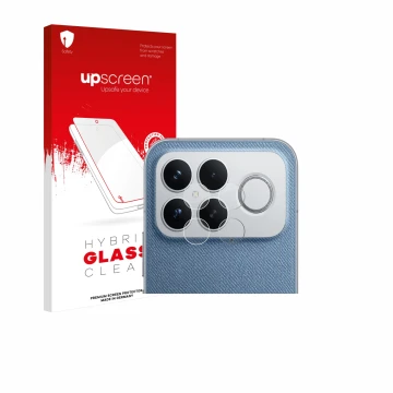 Parte frontal de un envase de producto con el logotipo de la marca upscreen. Al lado se muestra el dispositivo Xiaomi Poco F8 