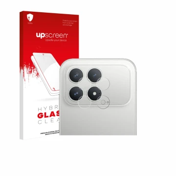 Parte frontal de un envase de producto con el logotipo de la marca upscreen. Al lado se muestra el dispositivo Xiaomi Poco F8 