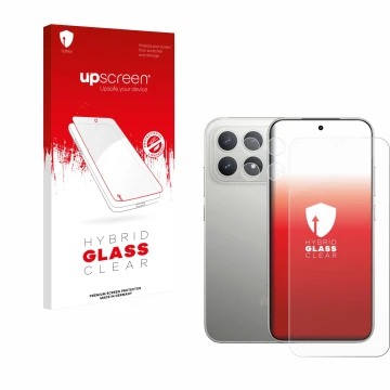 Parte frontal de un envase de producto con el logotipo de la marca upscreen. Al lado se muestra el dispositivo Xiaomi Poco F8 