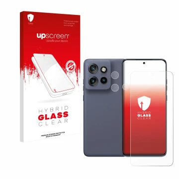 Parte frontal de un envase de producto con el logotipo de la marca upscreen. Al lado se muestra el dispositivo Motorola Edge 6