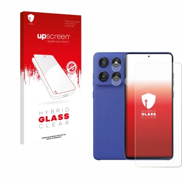Parte frontal de un envase de producto con el logotipo de la marca upscreen. Al lado se muestra el dispositivo Motorola Edge 6