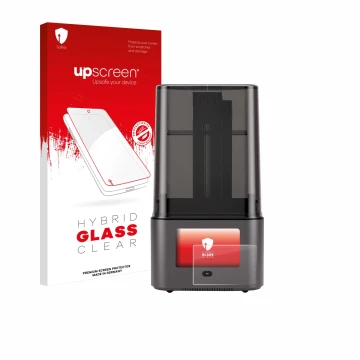 Parte frontal de un envase de producto con el logotipo de la marca upscreen. Al lado se muestra el dispositivo Anycubic Photon