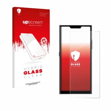 Parte frontal de un envase de producto con el logotipo de la marca upscreen. Al lado se muestra el dispositivo Jolla Phone con