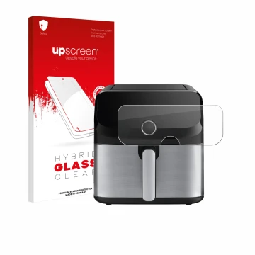 Parte frontal de un envase de producto con el logotipo de la marca upscreen. Al lado se muestra el dispositivo Tefal Easy Fry 